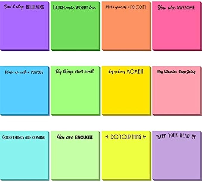 12 Pieces Inspirational Sticky Notes Mini Motivational Note Pads Cute Fun Sticky Note Pads Gifts for Women Nurse Teachers Reminder Work Studying Office Supplies, 3 x 3 Inch (Bright Style)