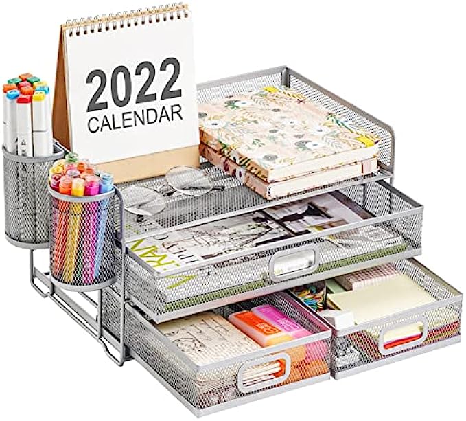 Marbrasse 3 Tier Mesh Desk Organizer with Drawer, Multi-Functional Desk Organizers and Accessories, Paper Letter Organizer with 2 Pen Holder for Home Office Supplies - Silver